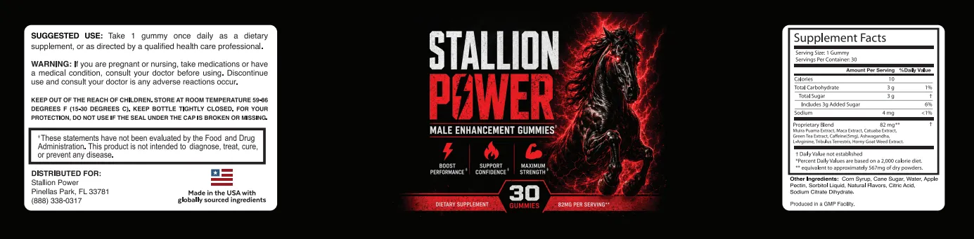 Stallion Power official supplement facts label — full ingredient list, suggested use and warnings