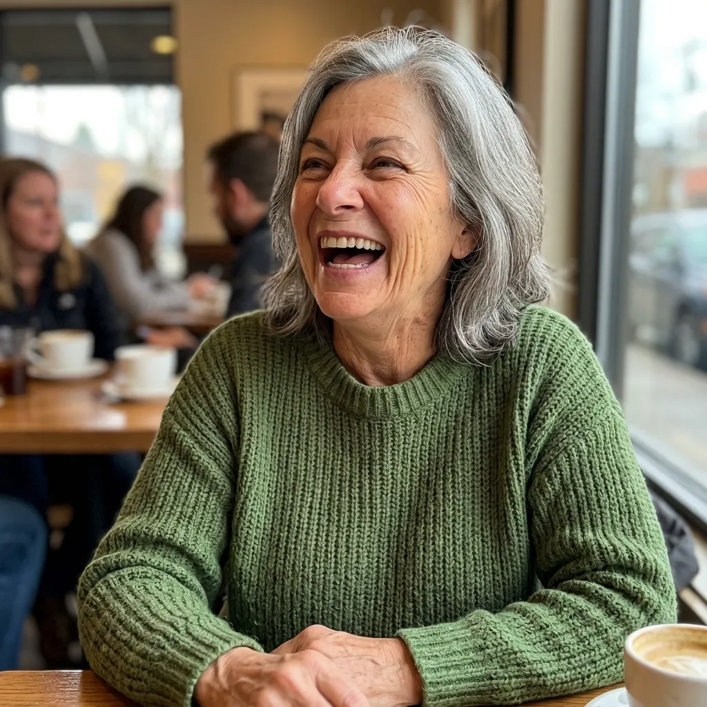 PrimeHoney customer Linda laughing in a cafe